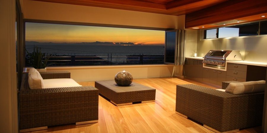 Alfresco living area with timber floor at sunset, Perth