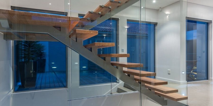 Floating timber staircase with glass panels, Perth