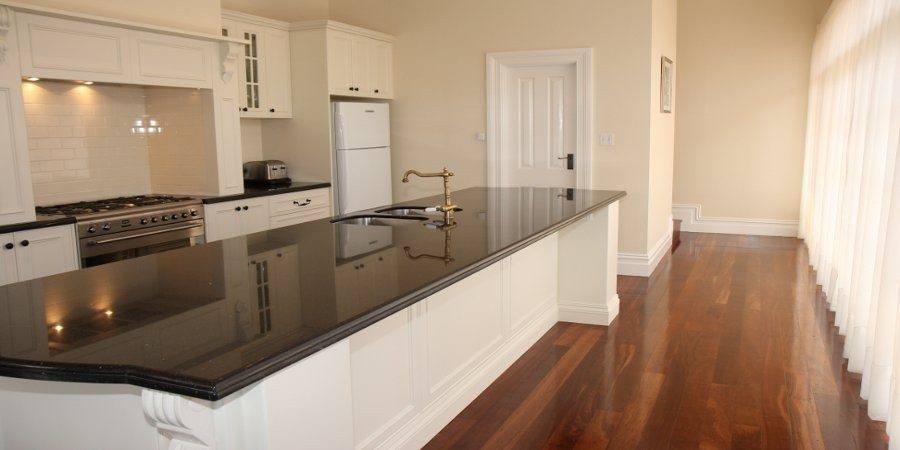 Hamptons style kitchen with jarrah timber floorboards, Perth