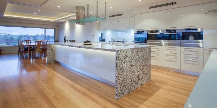 Modern open plan kitchen with blackbutt timber floor, Perth